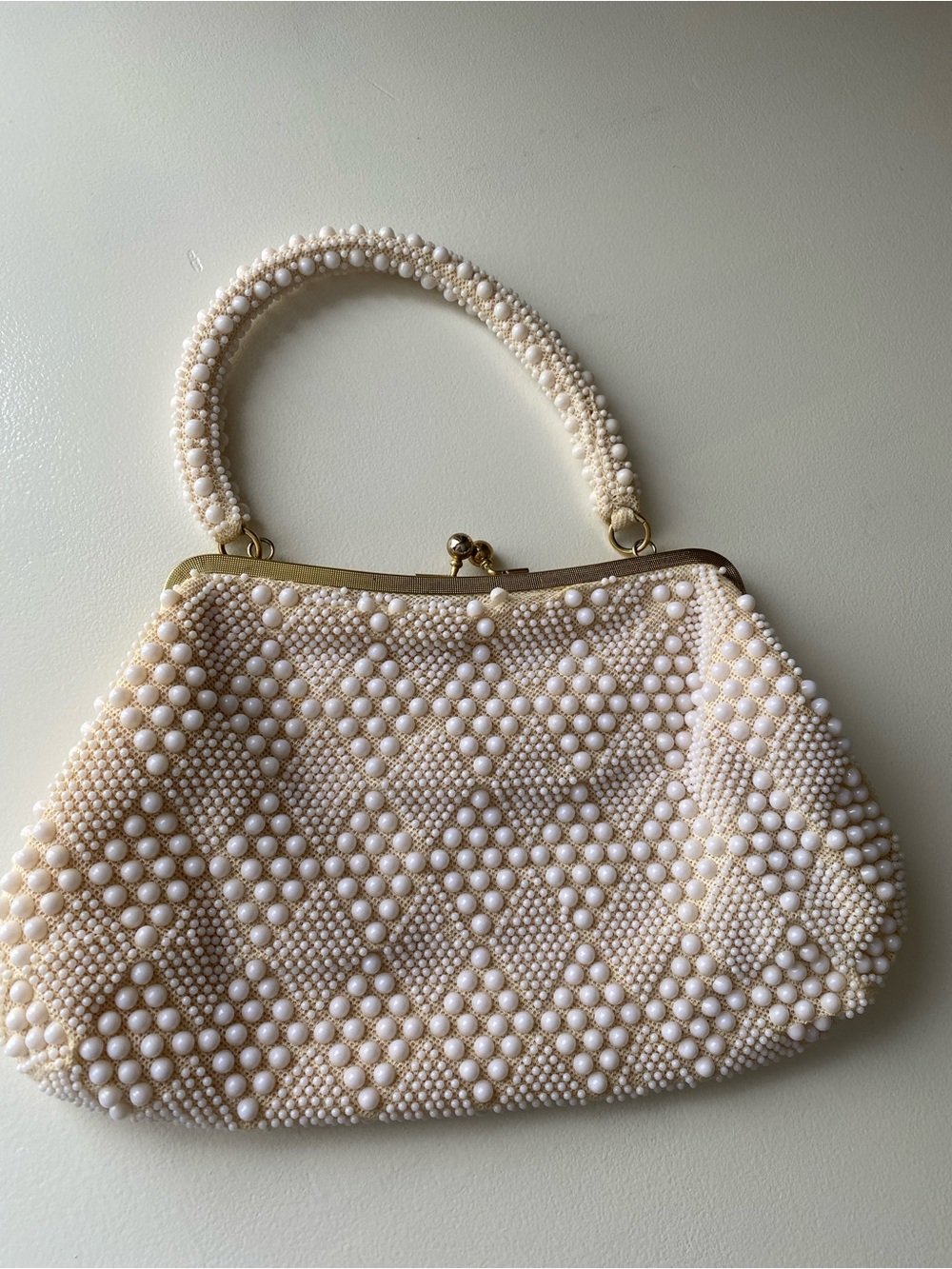 Vintage Beaded Pearl-Accent Cream Evening Bag